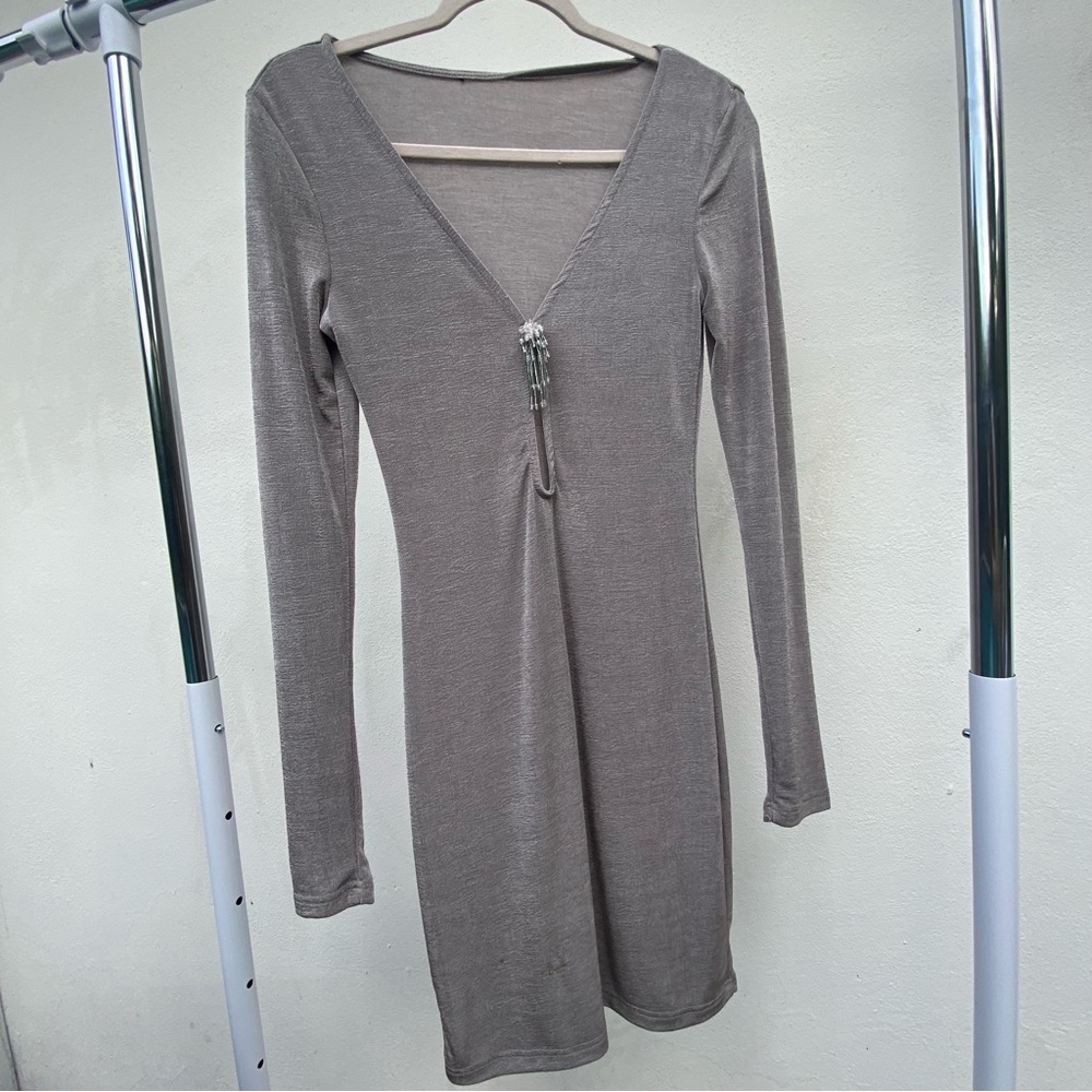Y2K Grey Bodycon Bead Embellished Mini Dress Size Medium